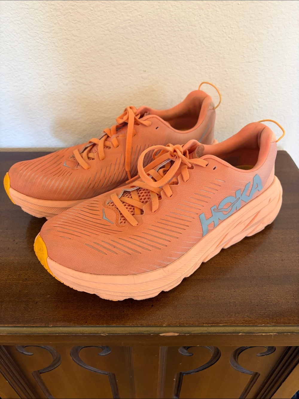 Hoka Rincon 3 Peach-Orange Running Shoes with Yellow Toe Accents 10.5